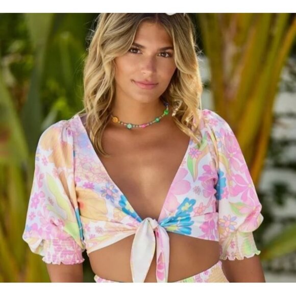 Beach Bunny Ruby Women's Crop Top Floral Swim Cover Up Front Tie Size Medium NEW - Picture 1 of 10